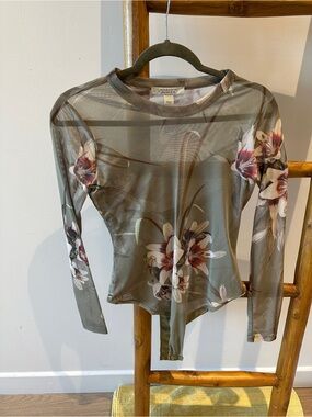 AllSaints Green Floral Bird Long Sleeve Mesh Semi-Sheer Bodysuit in Size 2
